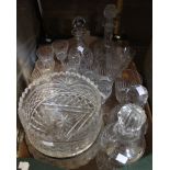 A box containing a good selection of cut glass including decanters, fruit bowls etc