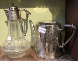 A late Victorian etched glass claret jug, the plated mount with hinged cover and mask spout, togethe