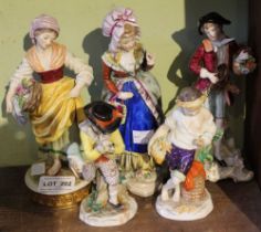 A collection of five Continental porcelain figurines, in Georgian and Peasant costume, includes Capo