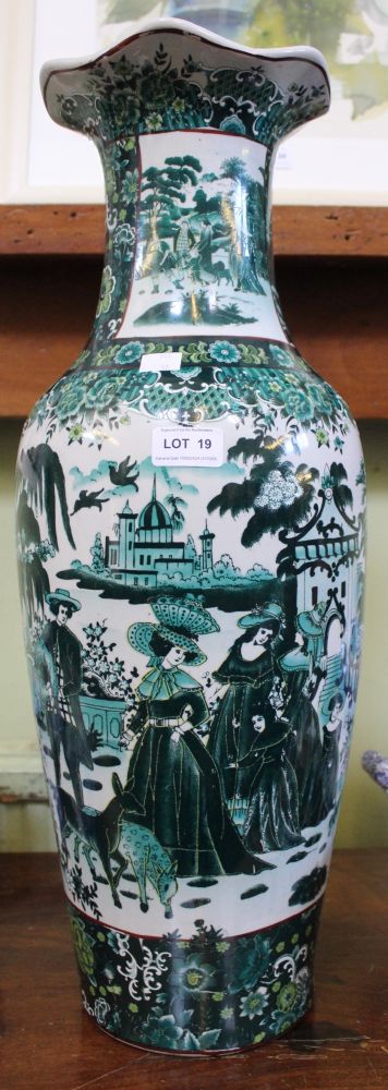 A large Chinese ceramic vase, decorated in the famille vert palette, the scenes with figures in West