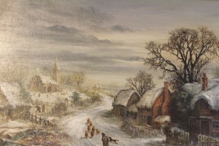 William R Stone (1842-1913) "Village in Winter" a shepherd with his dog and sheep in the foreground,