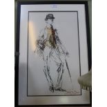 Felix Topolski (1907-1989) "Dandy gentleman" in bowler hat with furled umbrella, print, over signed