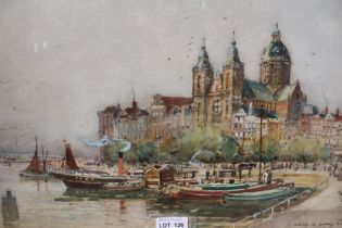 A 20th century Netherlands School, "Basilica of Saint Nicholas, Amsterdam" watercolor painting, indi