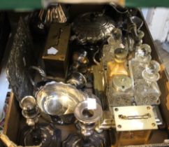 A tray box containing a good selection of silver plated items plus two brass mantel clocks, etc