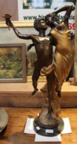 A continental Art Nouveau, bronze effect spelter figure group, dancers 60cm high