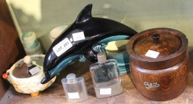 A Clarice Cliff "Celtic Harvest" ceramic conserve pot with plated lid, a Poole pottery Dolphin, a wo