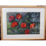 B W King "Poppies" pastel drawing, 30cm x 45cm, framed, mounted and glazed