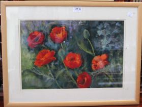 B W King "Poppies" pastel drawing, 30cm x 45cm, framed, mounted and glazed
