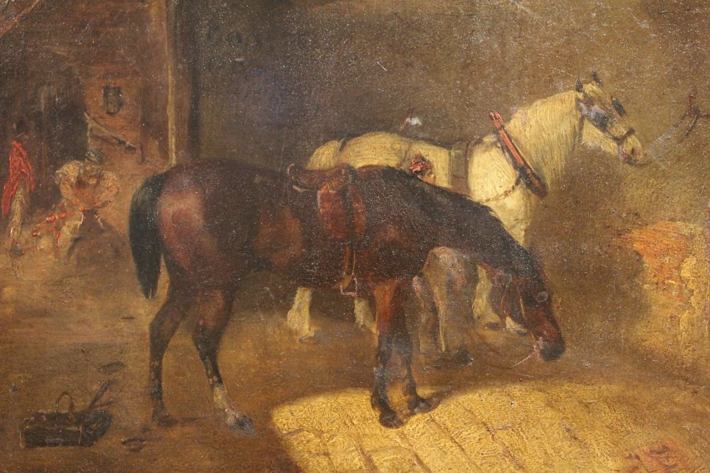 After J F Herring, "Awaiting the Farrier" a 19th oil painting on panel, stable interior with two hor - Image 2 of 2