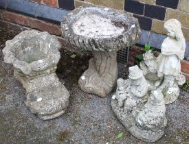 A small garden bird bath, together with a boot planter & two ornaments