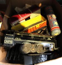 A "Mar Toys" tinplate clockwork railway engine and tender, various rolling stock includes a "Danger