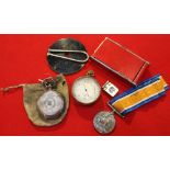 A silver cased pocket watch, a pocket barometer, a "1914-1918" War medal, an Art Deco powder compact