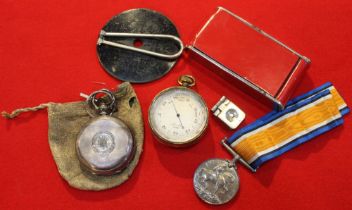 A silver cased pocket watch, a pocket barometer, a "1914-1918" War medal, an Art Deco powder compact