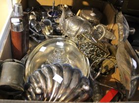A tray box containing a selection of metal wares, silver plates, brass, etc