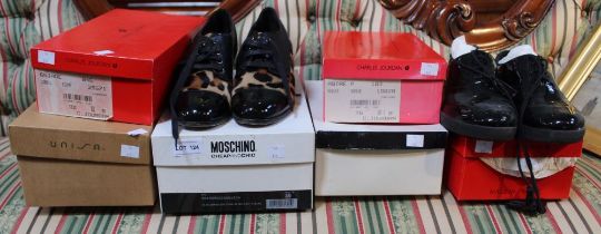 A collection of seven pairs of designer Ladies shoes, size 8 UK to include, Charles Jourdan, Mosch
