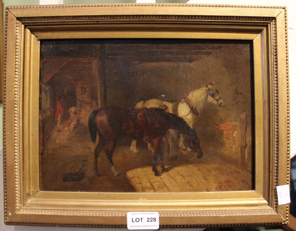 After J F Herring, "Awaiting the Farrier" a 19th oil painting on panel, stable interior with two hor