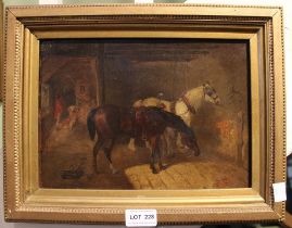 After J F Herring, "Awaiting the Farrier" a 19th oil painting on panel, stable interior with two hor