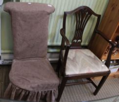 A Georgian design open arm chair together with a Victorian Pre Dieu chair (2)