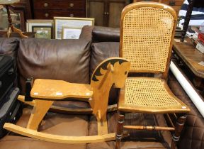 A rocking horse and a chair with woven cane seat and back panel (2)