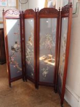 An early 20th century Chinese four panel folding screen embroidered silk panels of birds