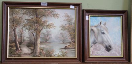 Two modern oils on canvas, a landscape and a horses head