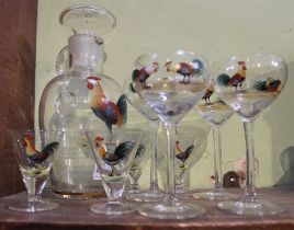 An early 20th century cocktail set comprising shaker/jug, four stemmed glasses and four conical glas