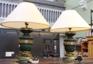 A pair of wooden turned and painted table lamps