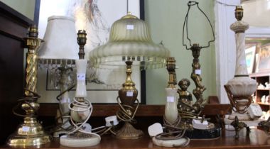 Seven various lamp bases and lamps including a brass and marble example