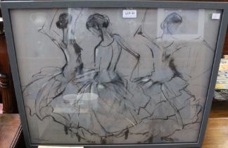 Yvonne Tocher "Ballerinas" en grisaille pastel drawing, signed, 47cm x 61cm, framed and glazed