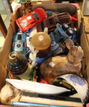 A box of assorted items, includes model cars, china and glass wares