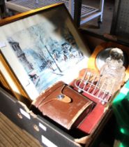 A box of assorted items, includes cased binoculars, Mah-jong game, small frame, barometer, decanter,