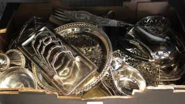 A box of mixed silver plate items to include a photograph frame, bread basket, sugar caster, etc