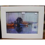 B W King "Reflections at Sunset" harbour scene with sail boats, pastel drawing, 28cm x 48cm, framed