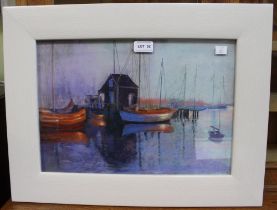 B W King "Reflections at Sunset" harbour scene with sail boats, pastel drawing, 28cm x 48cm, framed