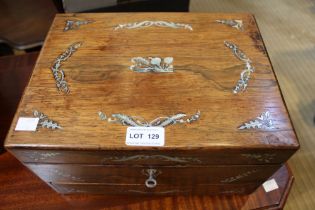 A 19th century rosewood needlework box, decoratively inlaid with mother of pearl, fitted interior wi