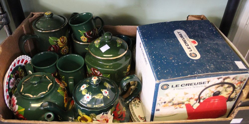 A quantity of Rose painted "Bargee" tea wares, a "Le Creuset" kettle in original box etc