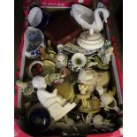 A box of assorted ceramics and decorative wares, and four silver coffee spoons (in a case for six)