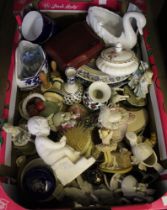A box of assorted ceramics and decorative wares, and four silver coffee spoons (in a case for six)