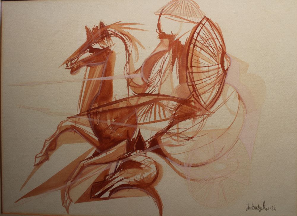 John Budgell, "Horse Warrior" sepia watercolour drawing signed and dated 1966, 35cm x 48cm, gilt fra