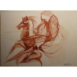 John Budgell, "Horse Warrior" sepia watercolour drawing signed and dated 1966, 35cm x 48cm, gilt fra