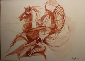 John Budgell, "Horse Warrior" sepia watercolour drawing signed and dated 1966, 35cm x 48cm, gilt fra