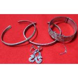 A collection of three silver bracelets, only one hallmarked the other two white metal, earrings are
