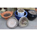 A selection of garden pots to include two blue glazed, one Wychwood terracotta & two bird bath tops