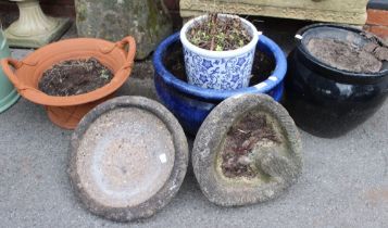 A selection of garden pots to include two blue glazed, one Wychwood terracotta & two bird bath tops