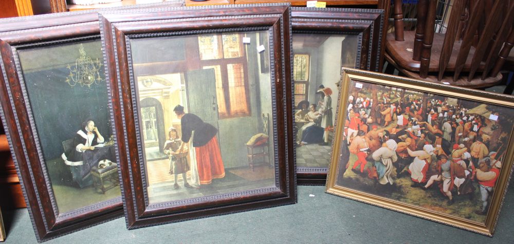 After Brueghal "The Wedding Dance" framed colour print together with three other framed prints of Ol