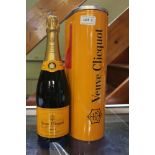 A bottle of Veuve Clicquot in mailbox shaped presentation case together with Les Pionniers Champagne