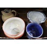 A Losol Ware, Chandos pottery planter, two other planters and a large jug, internally glazed (4)