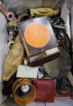 A box of various collectors items, to include bank notes, watches, car badge, metals, lockets, etc