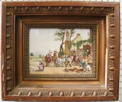 A hand painted porcelain panel, "After the Hunt", figures in costume c.1700 in the front grounds of