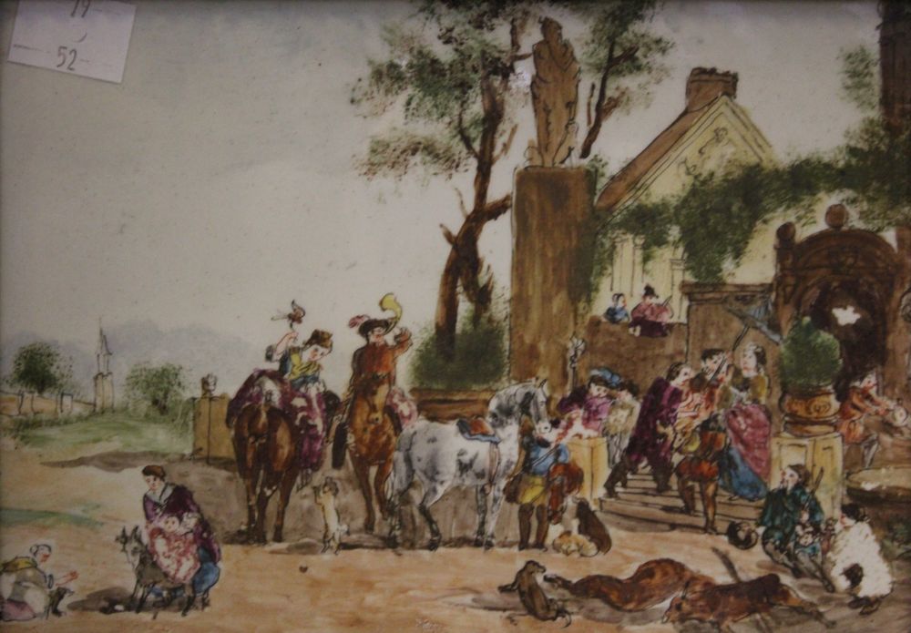 A hand painted porcelain panel, "After the Hunt", figures in costume c.1700 in the front grounds of - Image 2 of 2